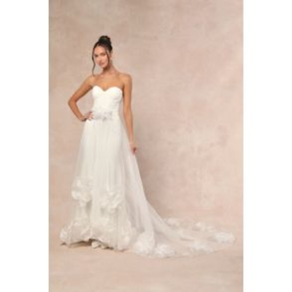 Lulu's White Strapless A-Line Bridal Gown with Floral Appliqué
